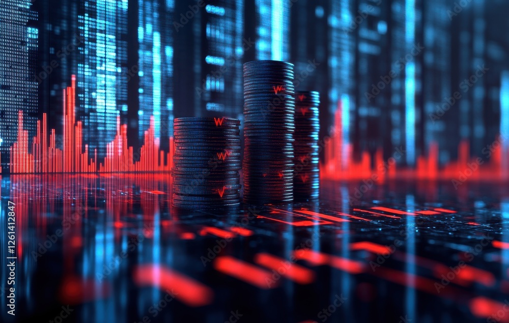 Poster digital stock market visualization with investment coins stacked on a reflective surface and red gra