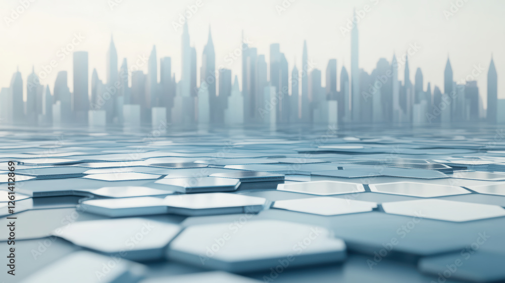 Poster futuristic city skyline reflected on hexagonal grid surface, showcasing blend of modern architecture