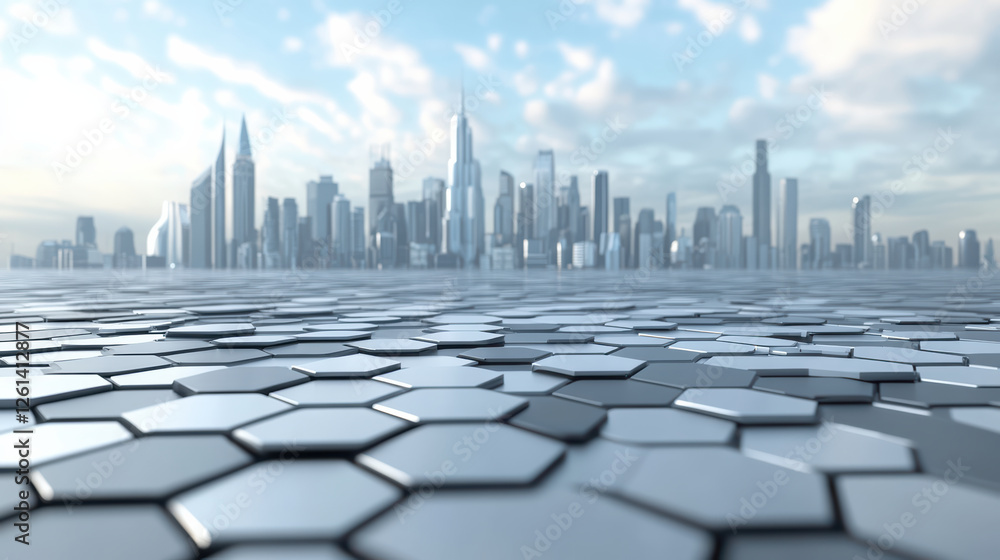 Poster futuristic city skyline with hexagonal grid foreground, showcasing modern architecture and serene at