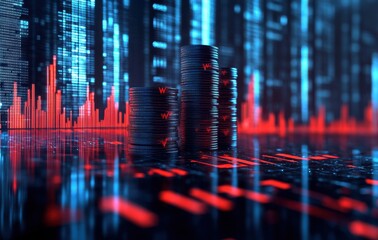 Fototapeta premium Digital Stock Market Visualization with Investment Coins Stacked on a Reflective Surface and Red Graphs Signifying Financial Trends