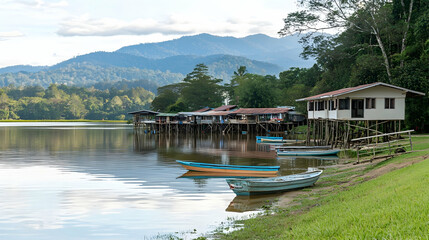 Lakeside village houses, boats, tranquil mountains, peaceful morning, travel postcard