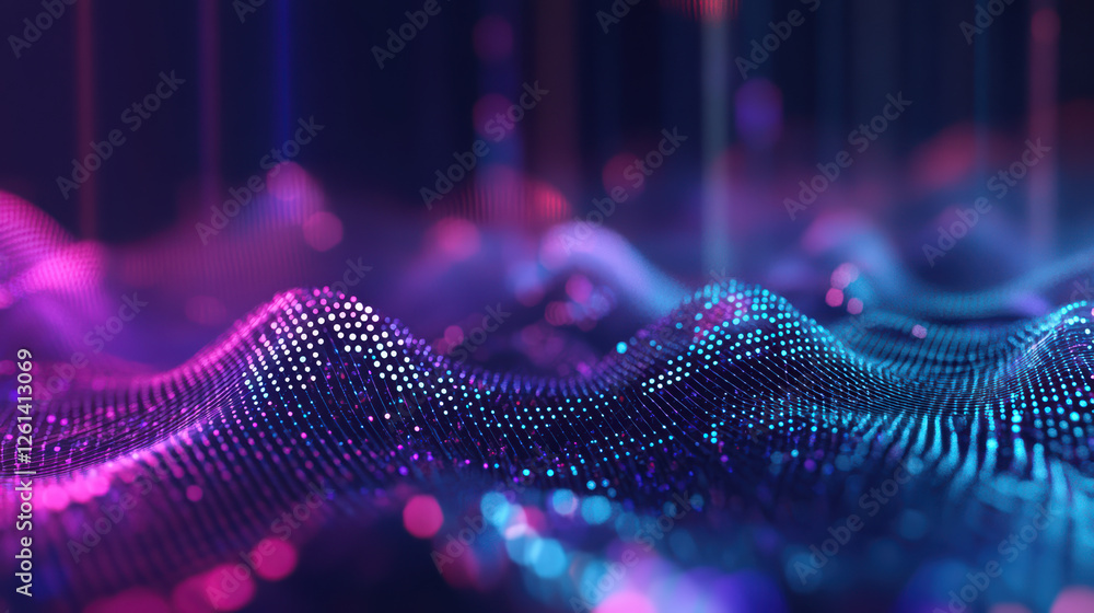 Poster vibrant digital landscape featuring flowing waves of colorful dots, creating mesmerizing visual effe