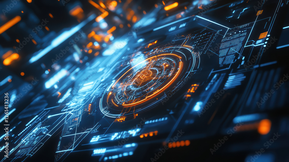 Poster futuristic digital interface with glowing orange and blue elements, showcasing intricate patterns an