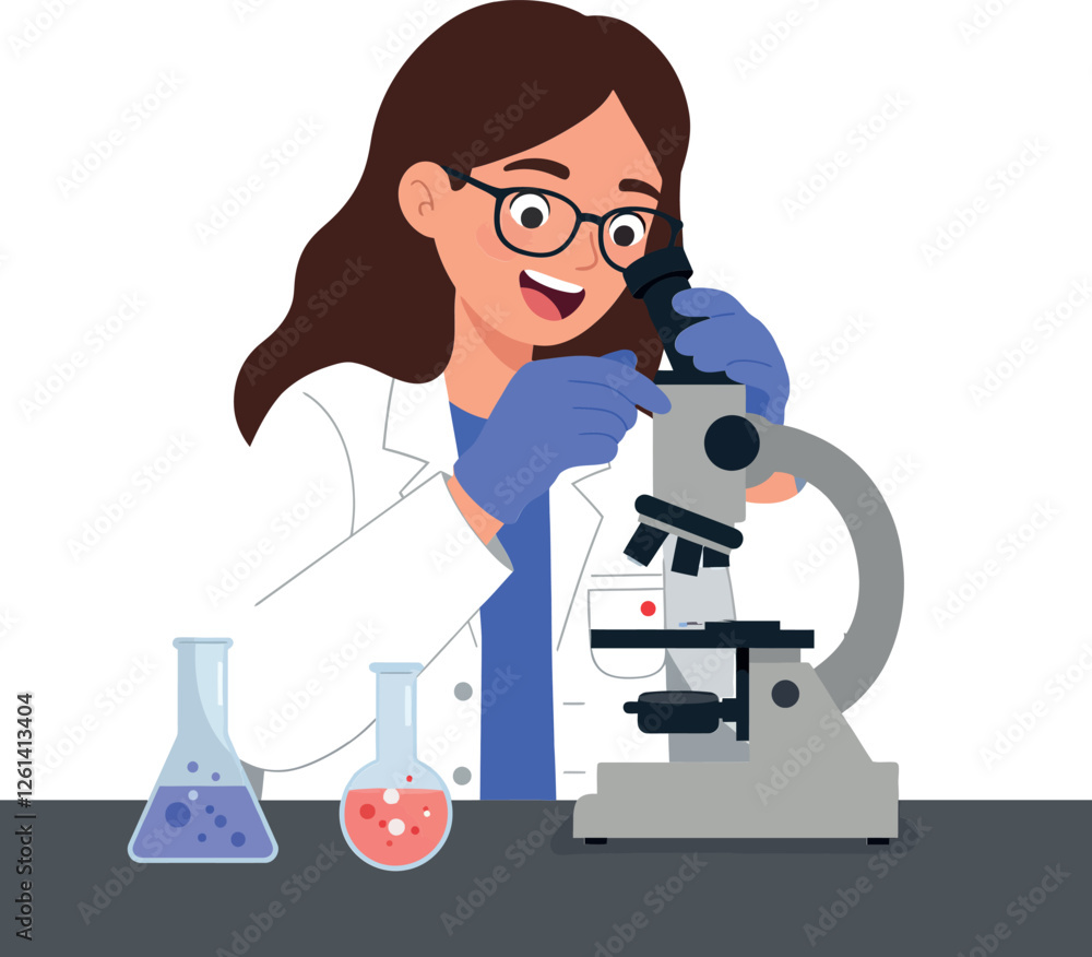Poster scientist examining samples with microscope in flat style vector art illustration