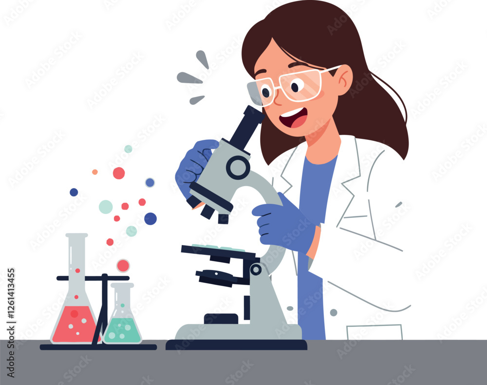 Poster scientist examining samples using a microscope in a flat style vector art illustration