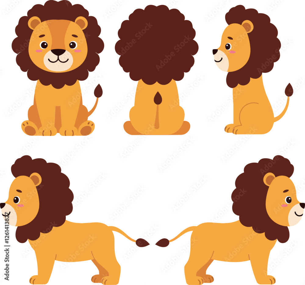 Aufkleber cute lion character design in flat style showcasing various angles and expressions in vector art