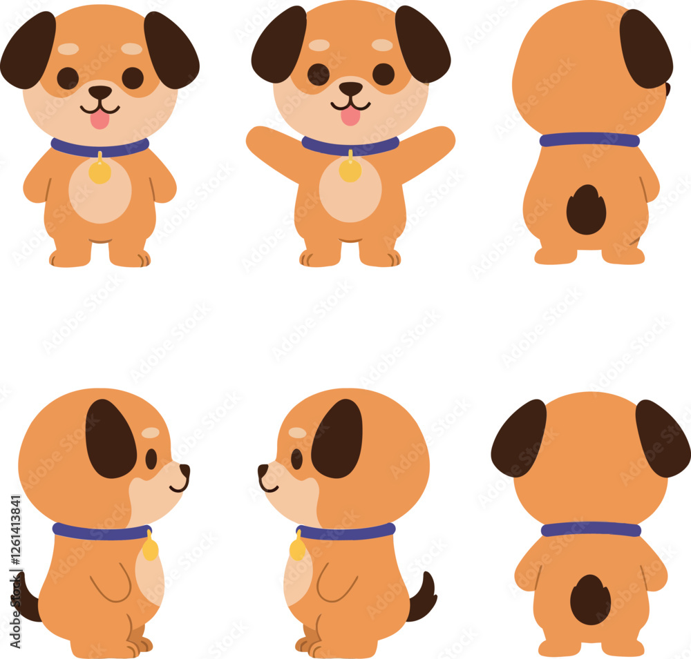 Poster cute dog character design in flat style showcasing various poses and expressions in vector art