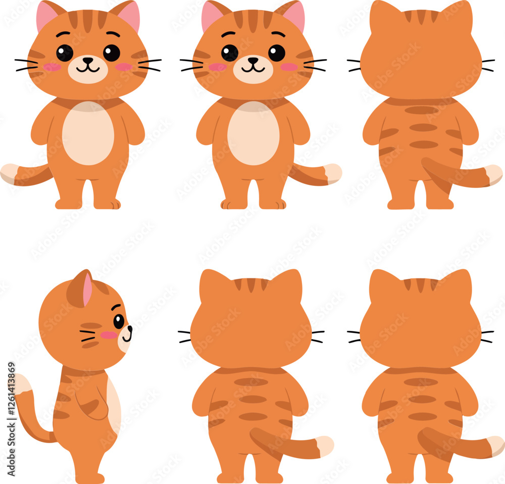 Poster cute orange cat character design in flat style showcasing different poses and expressions in vector 