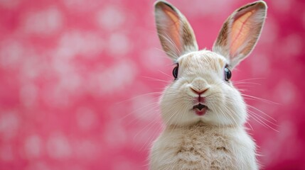 Obraz premium A surprised-looking white rabbit with soft fur, placed against a soft pink background