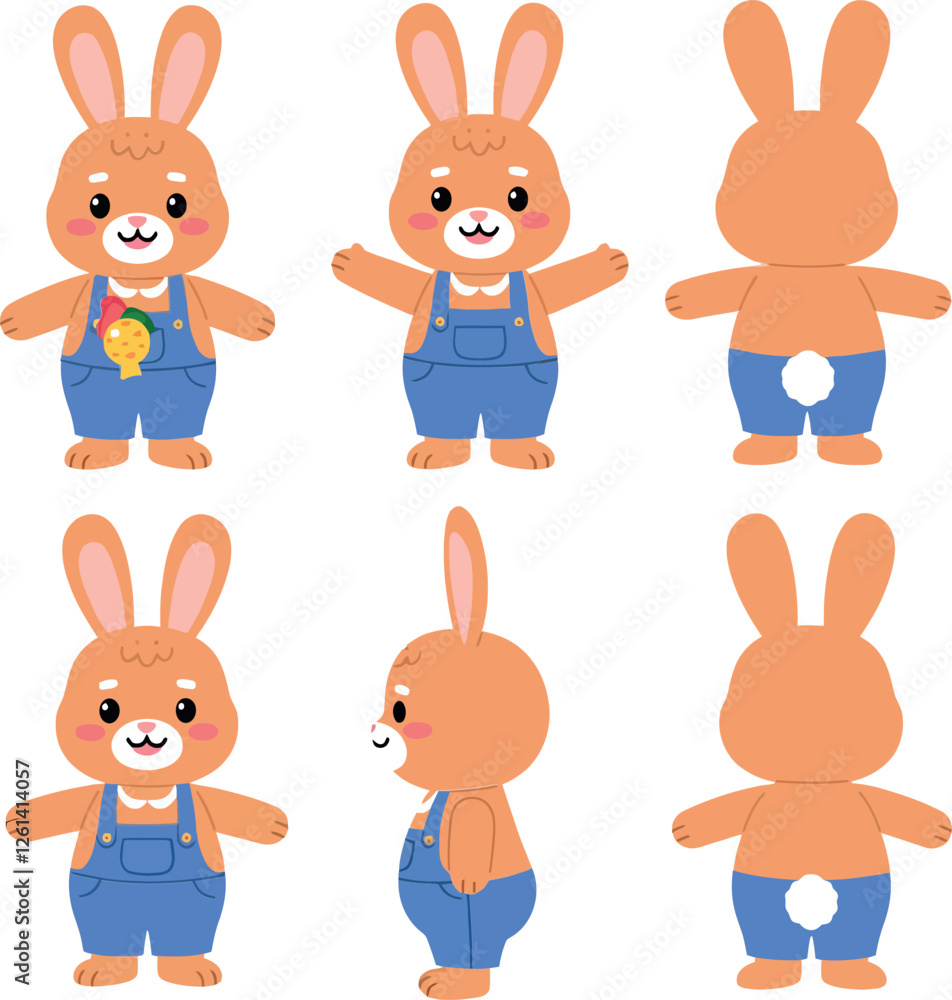 Poster adorable bunny character in multiple poses with a flat design style showcasing vector art