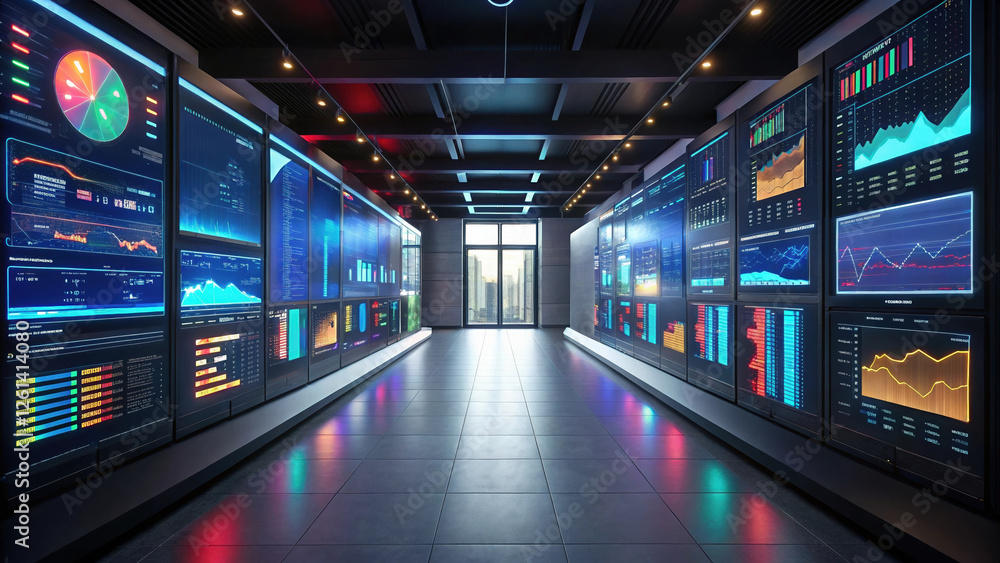 Poster modern office space filled with digital screens displaying data analytics and graphs, creating high 