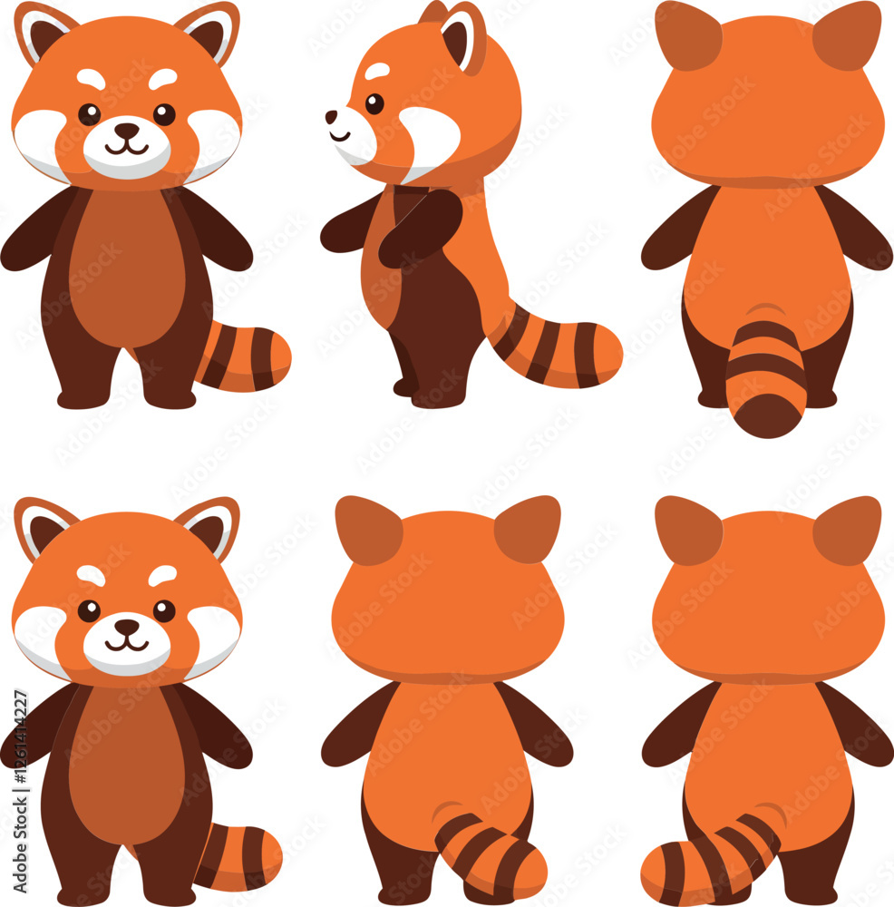 Poster cute red panda character design in flat style showcasing multiple angles in vibrant vector art