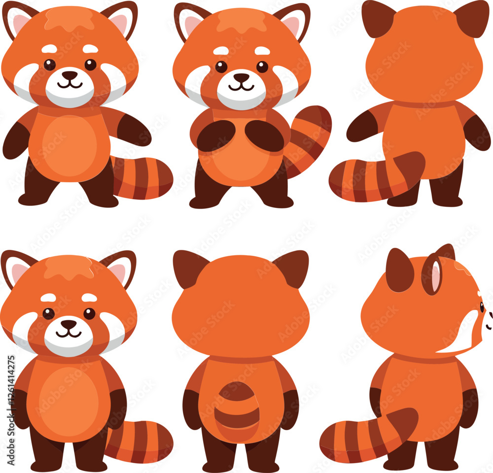 Poster cute red panda character design in flat style showcasing multiple views, delightful vector art