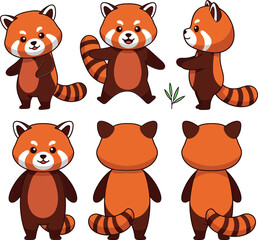 Cute red panda character design in playful poses with flat colors and minimal details vector illustration