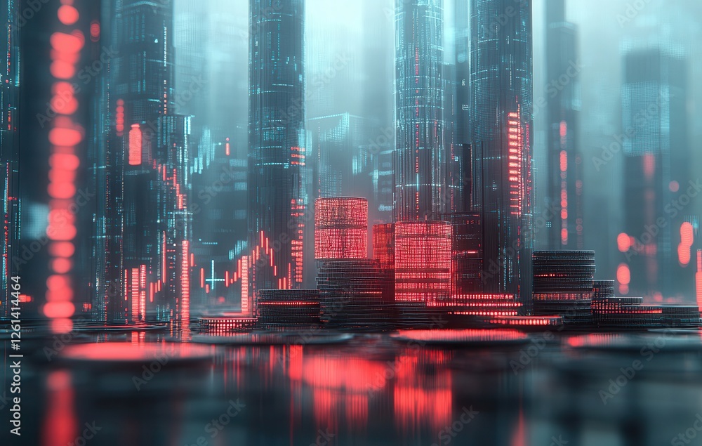 Poster futuristic cityscape with neon lights and financial data visualization displayed in a digital enviro