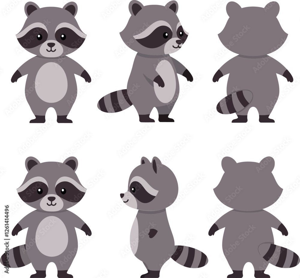 Aufkleber cute raccoon character design in flat style showcasing different poses and expressions in vector art