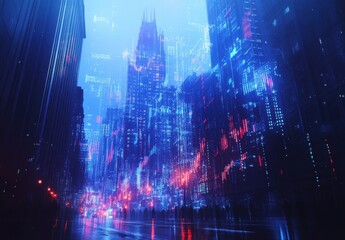 Obraz premium Futuristic Cityscape at Night with Neon Lights, Abstract Digital Patterns, and Reflective Wet Streets in a Cyberpunk Environment