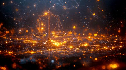Obraz premium Golden Scales of Justice: A Symbol of Balance, Law, and Equilibrium in a Sparkling Universe