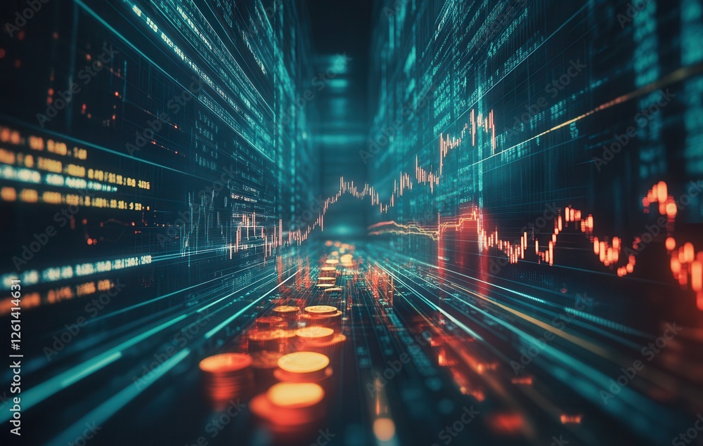Poster futuristic data visualization with graph lines and coins representing investment trends in a digital