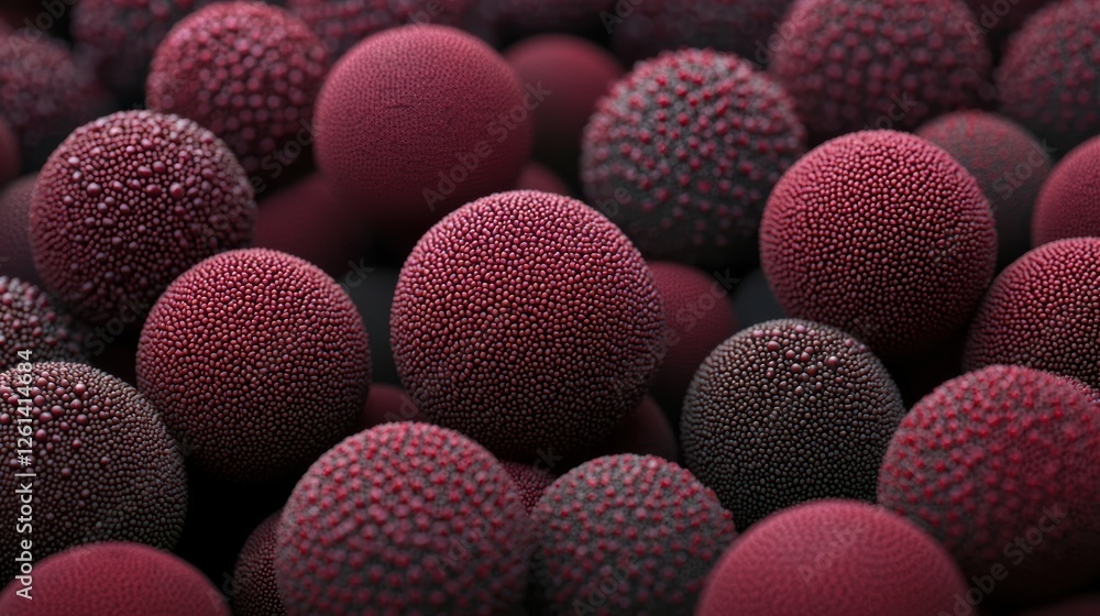 Poster exploring textured micro spheres in abstract close-up scientific study laboratory high detail macro 