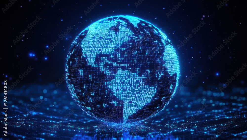 Poster futuristic digital globe and binary codes representing global communication, technology integration,
