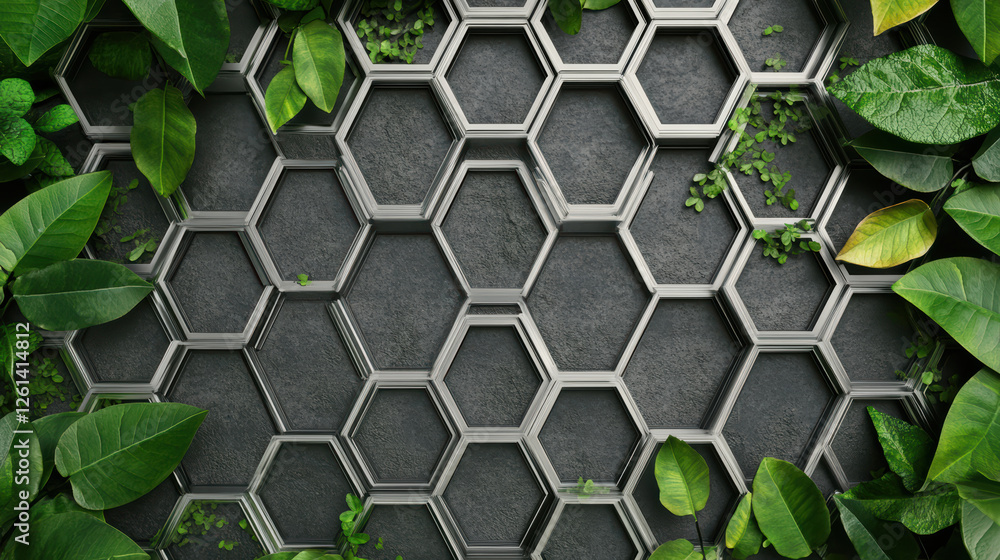 Poster 3d rendering of hexagonal grid surrounded by lush green leaves, creating harmonious blend of nature 