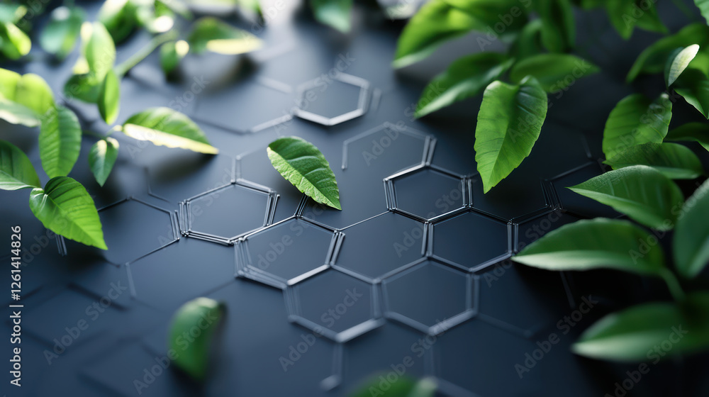 Poster 3d rendering of hexagonal grid with green leaves, showcasing nature theme and blend of organic and g