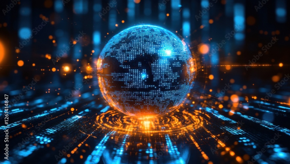 Poster futuristic digital globe with glowing blue circuitry and floating particles in a dark background rep