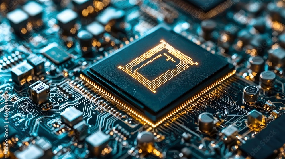 Poster close-up of a microchip: the heart of modern technology. a detailed look at the intricate circuitry 