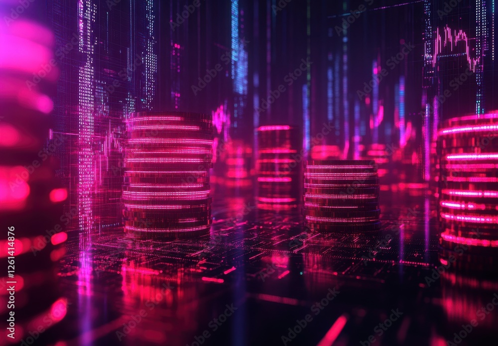 Poster futuristic digital landscape featuring glowing data coins with vibrant neon colors and abstract data