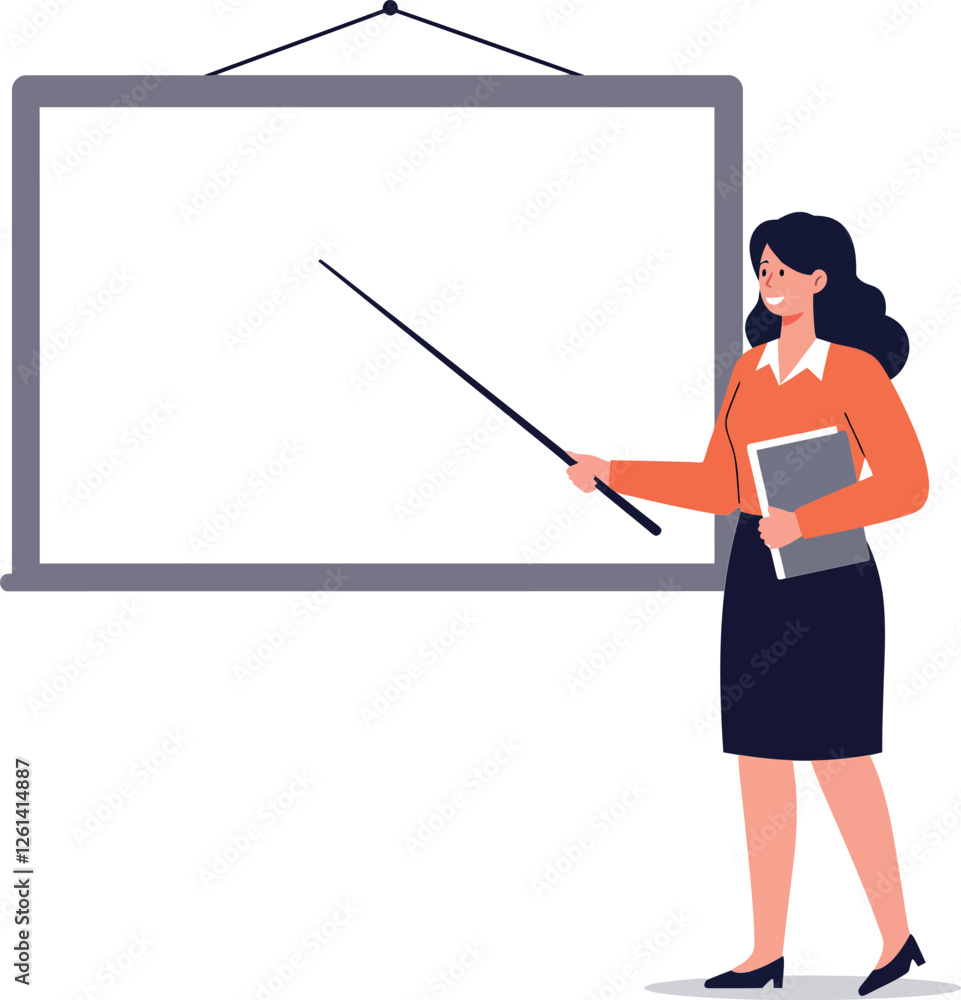 Poster professional woman presenting with pointer in front of blank screen minimal vector art
