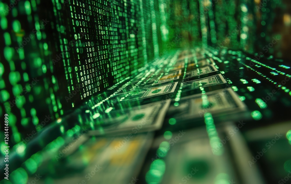 Poster futuristic digital landscape with flowing green binary code and detailed representation of currency 