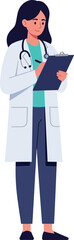Naklejka premium Female doctor in white coat holding clipboard in flat design style vector art