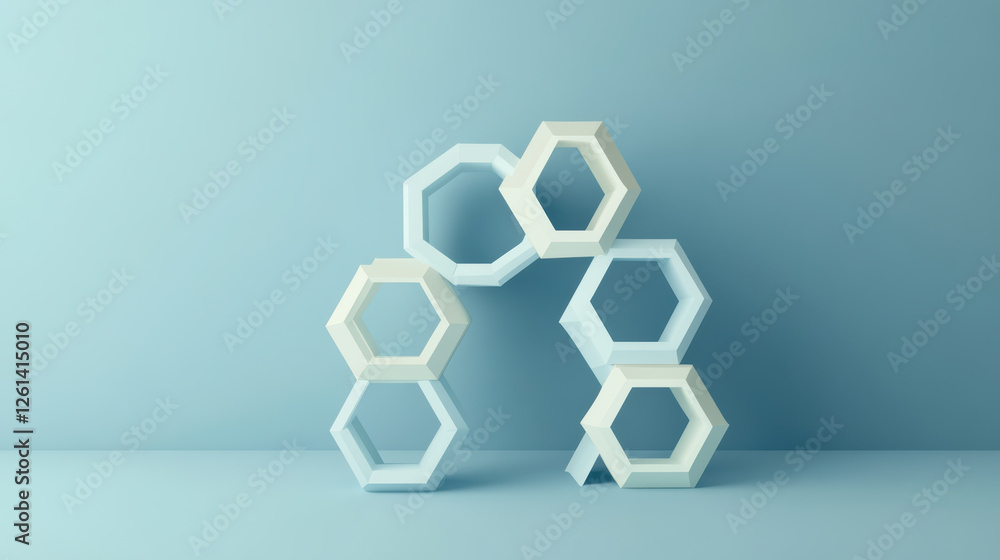 Poster playful arrangement of hexagonal shapes in soft blue tones, creating modern and artistic display. de