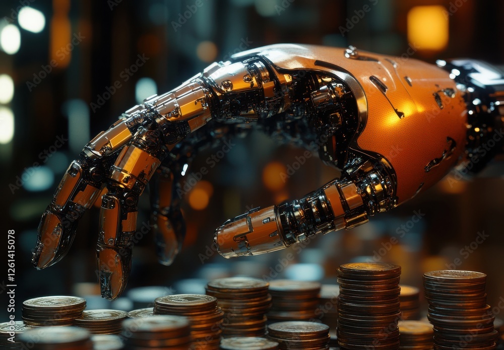 Poster futuristic robot hand reaching for stacked coins in high-tech environment depicting financial innova