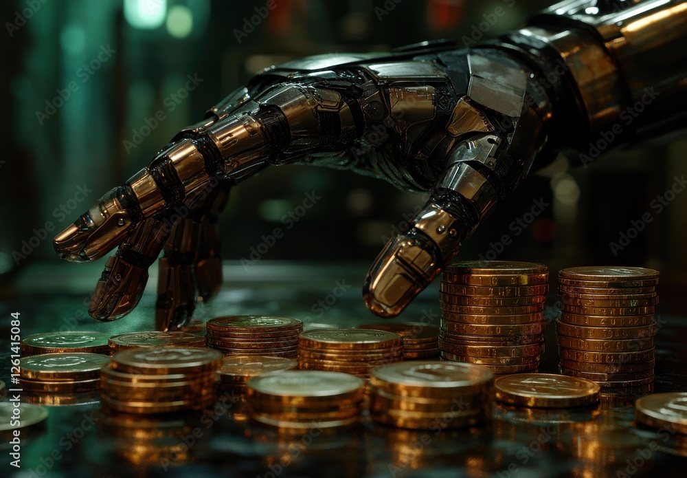 Poster futuristic robotic hand reaching for stacked coins in a dark high-tech environment illustrating the 