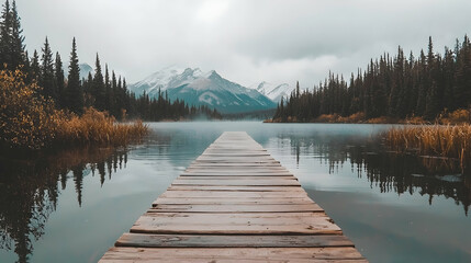 Misty mountain lake dock, serene autumn landscape, peaceful reflection, travel postcard