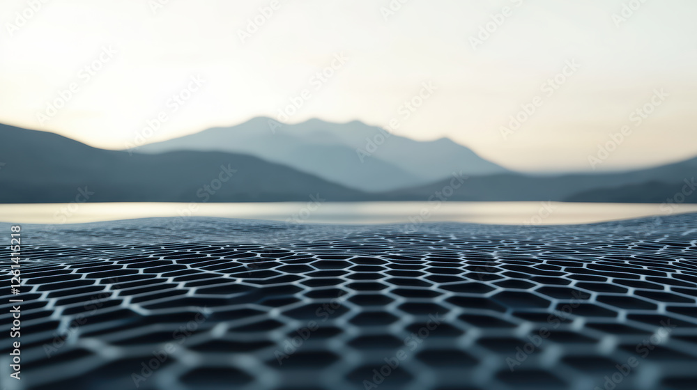 Aufkleber serene landscape featuring hexagonal grid pattern with mountains in background and calm body of wate