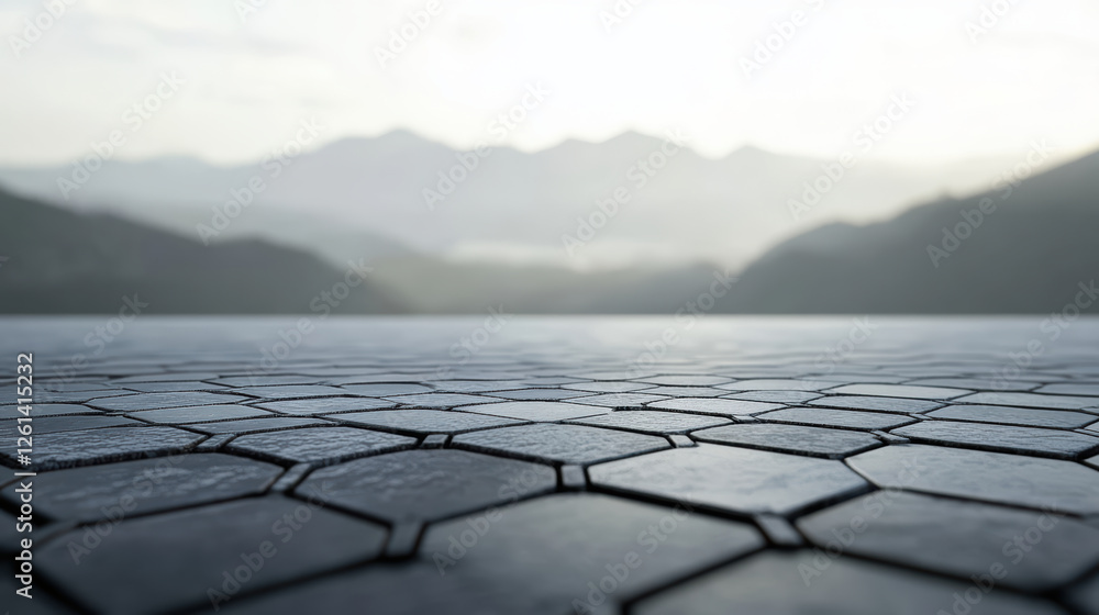 Poster serene landscape featuring hexagonal grid surface with distant mountains. calm atmosphere evokes sen