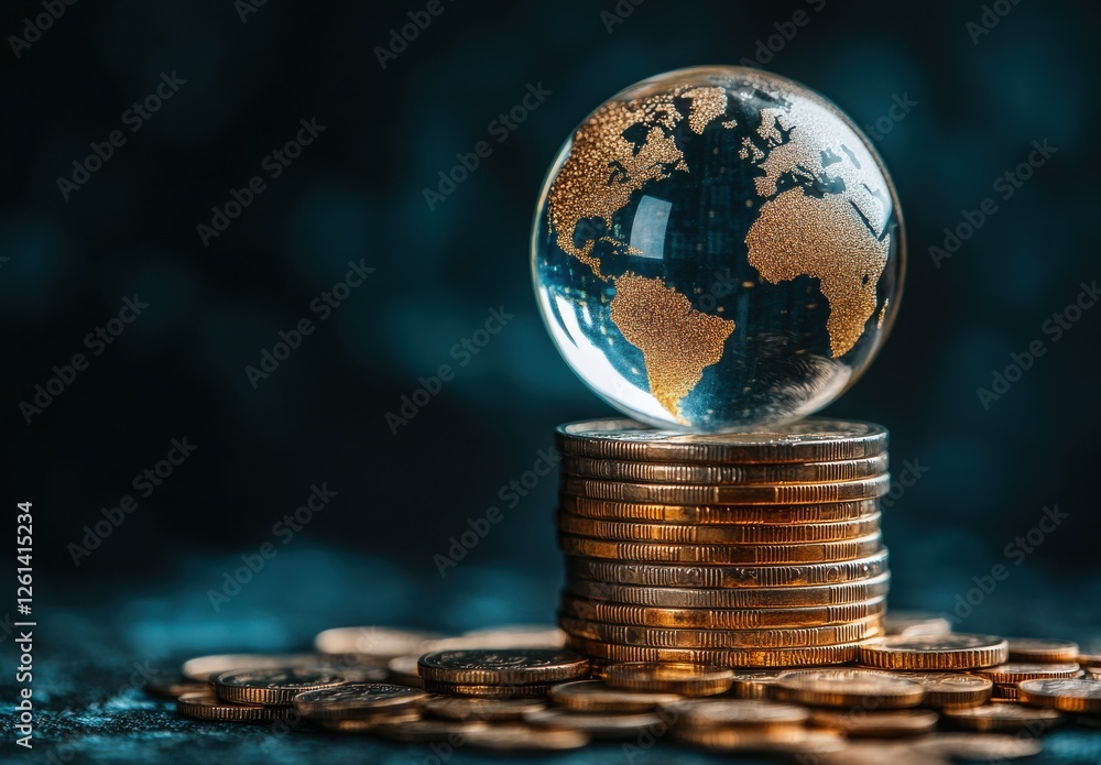 Poster glass globe displaying world map resting on stacks of golden coins illuminated with a soft blue ligh