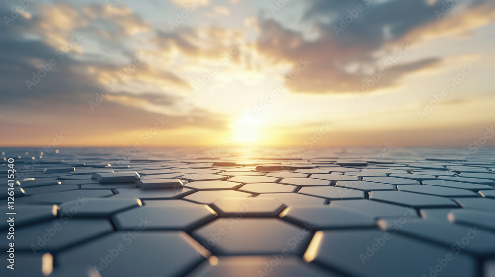 Poster serene landscape featuring hexagonal grid reflecting sunset, creating tranquil atmosphere with soft 