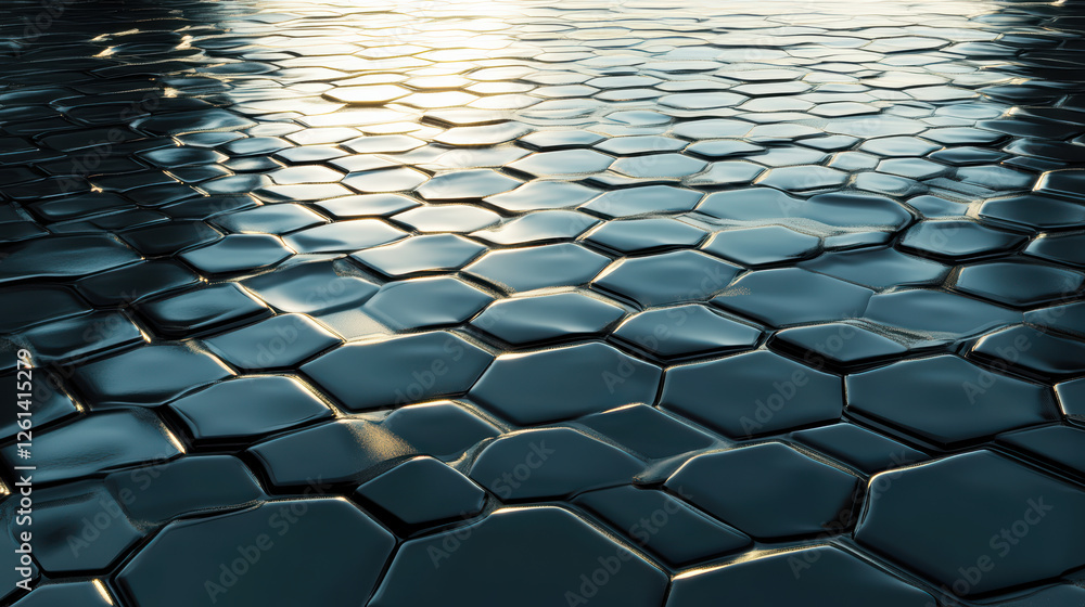 Poster serene hexagonal grid reflecting light on calm water surface creates tranquil atmosphere. smooth, gl