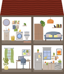 Cottage with furnished rooms. Living room with sofa and wardrobe. Kitchen with furniture and study. Bathroom with toiletries. Dollhouse in section. Vector illustration