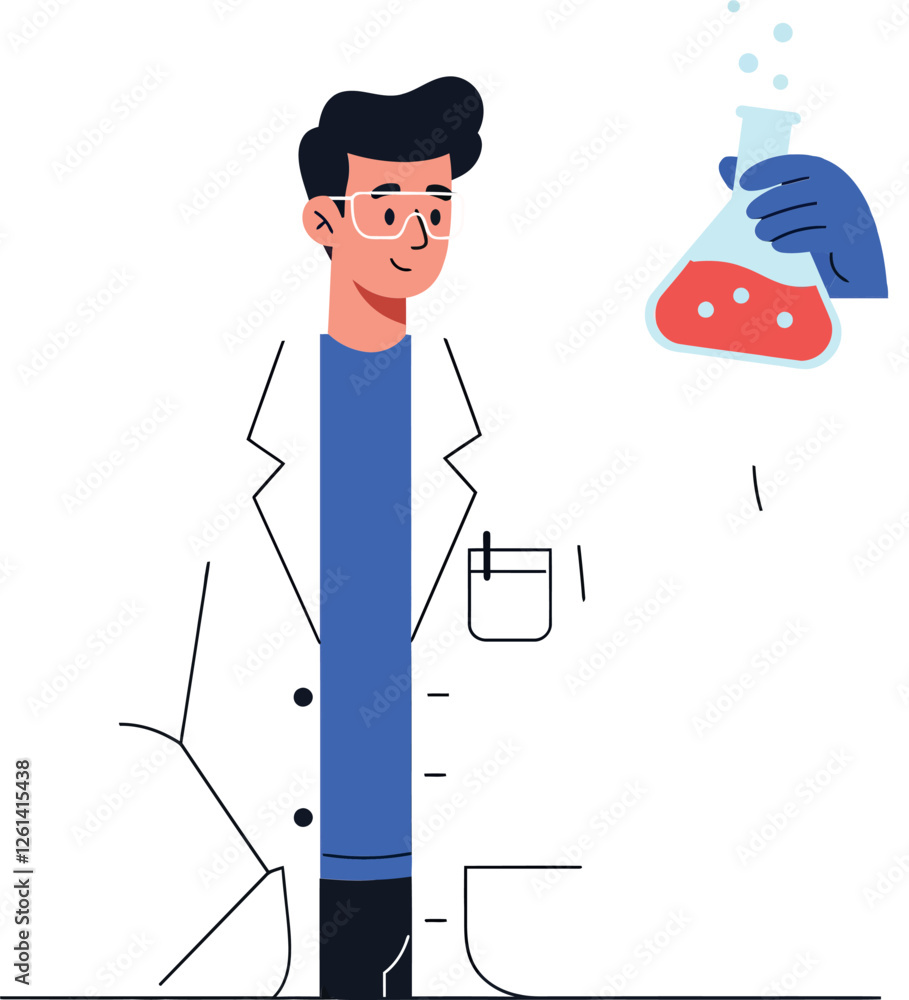 Poster scientist in white coat conducting experiment with colorful flask in flat vector art style vector il