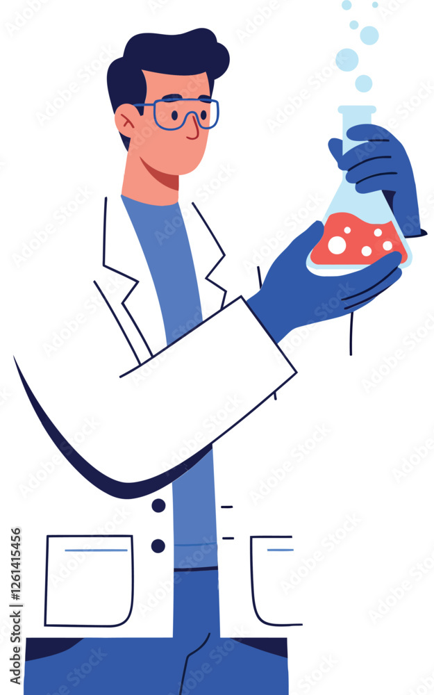 Poster scientist in laboratory coat examining liquid in flask with bubbles in flat vector art