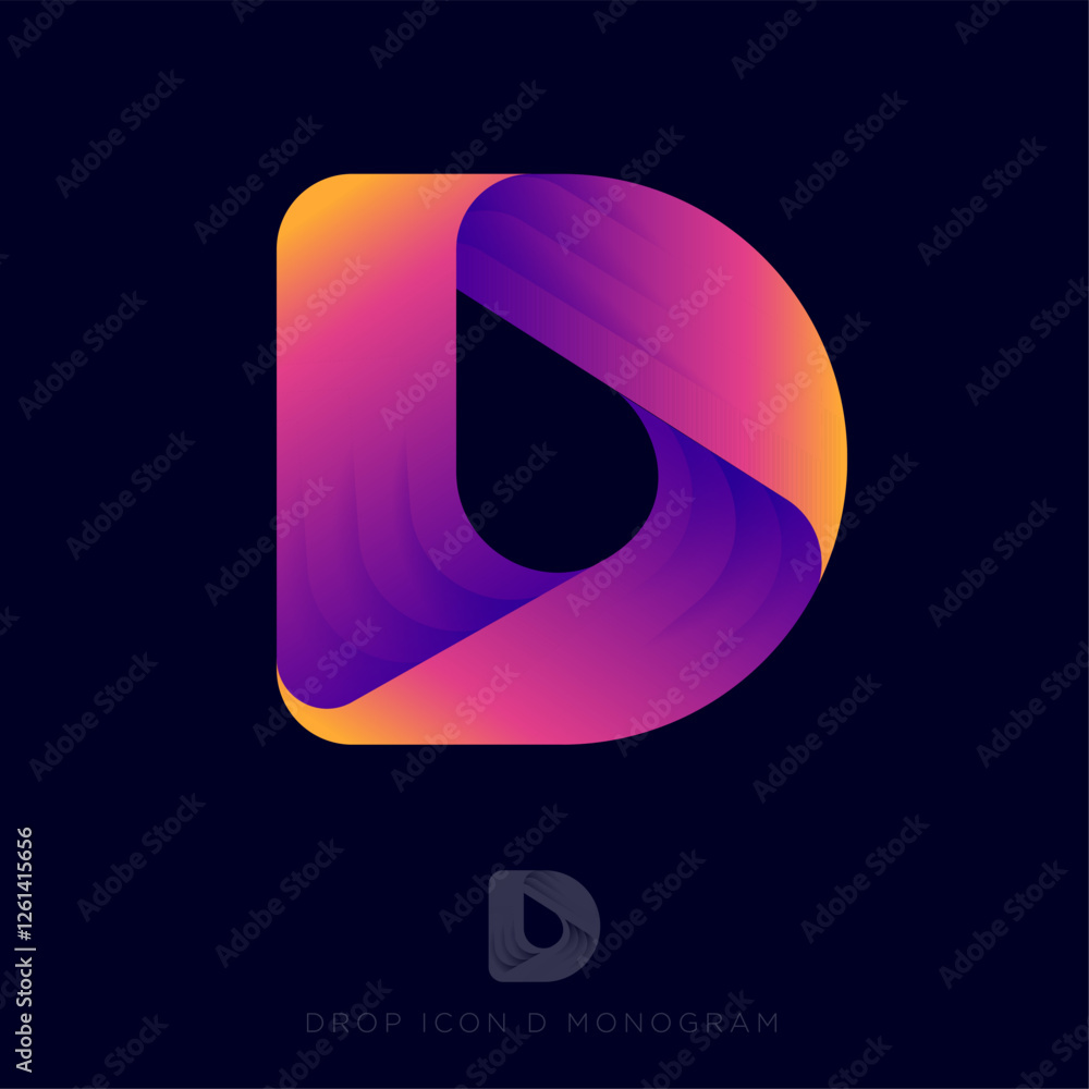 Poster letter d logo with a drop. the d monogram consists of colored stripes with a drop inside. rotation s