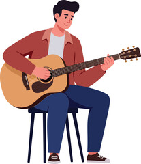 Obraz premium Young man playing acoustic guitar while sitting on a chair in a flat vector illustration