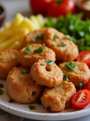 Fototapeta premium Deliciously crispy fried snacks served with fresh vegetables and garnishes for a perfect appetizer platter