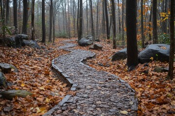 Winding stone path, autumn forest, leaves, misty background, hiking