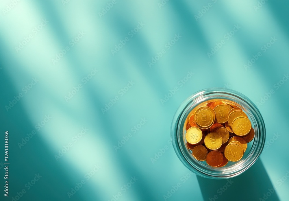 Poster glittering coins in glass bowl against soft light background showcasing wealth and prosperity with s